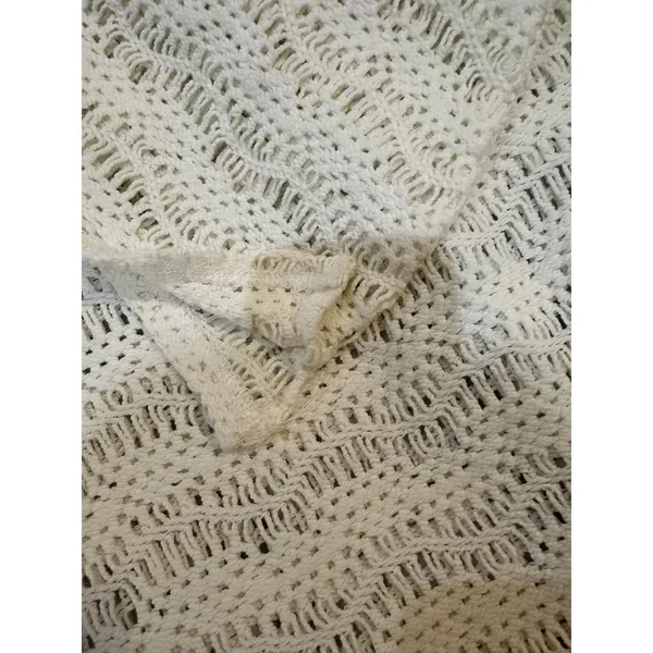 Frazzle Womens White Crochet Open Knit Scoop Neck Button Tab Sleeve Sweater L - Image 7