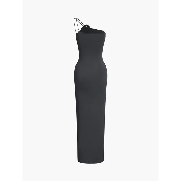 Commense Minimalist Bodycon Off Shoulder Black Rose Decor Ruched Maxi Dress S - Image 7