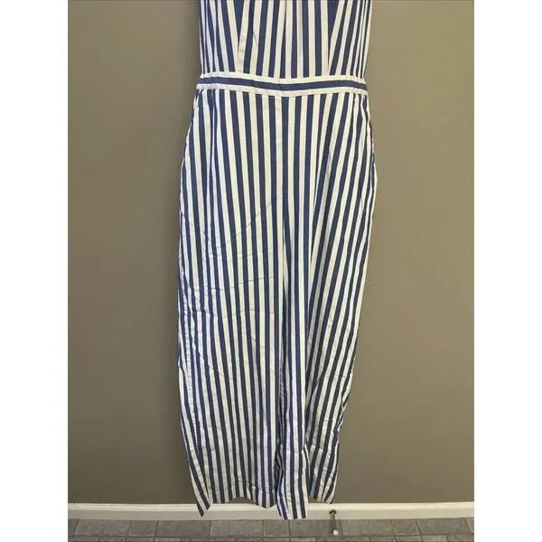 J.Crew Light Blue White Vertical Striped Halter Coastal Lined Jumpsuit Size 4 - Image 3