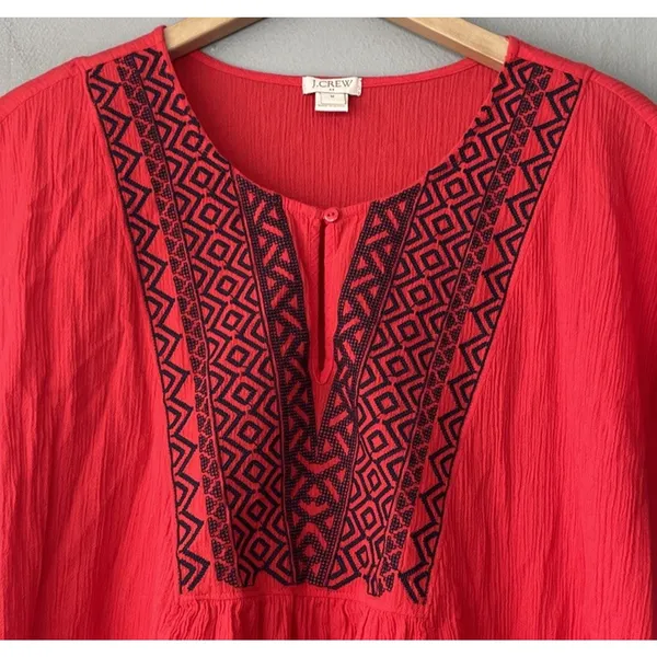 J Crew Pom Pom Tunic Top Size Medium Red Blue Gauze Embroidered Coastal Boho - Image 3