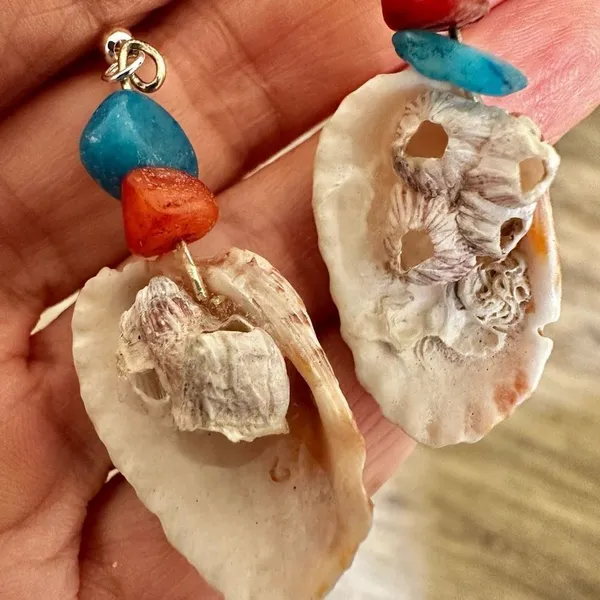 Blue orange shell drop earrings - Image 7