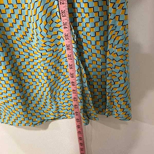 Commense Dress Large Blue Mustard Optical Print Strappy Midi Y2K - Image 6