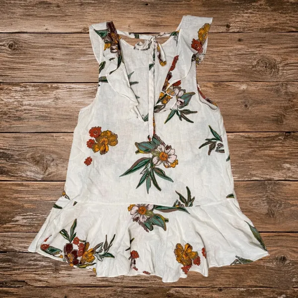 Free People Floral Linen Tunic Summer In Tulum Top XS Boho Ruffle Ivory - Image 3