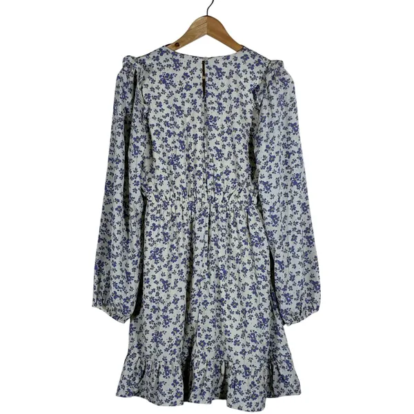 &merci Smocked Floral Mini Dress Blue Cream Boho Ruffle Long Sleeve Size S - Image 5