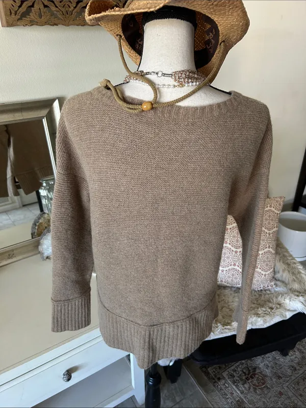 J.Jill light brown wool knit boat neck Boxy relaxed drop shoulder sweater L - Image 6