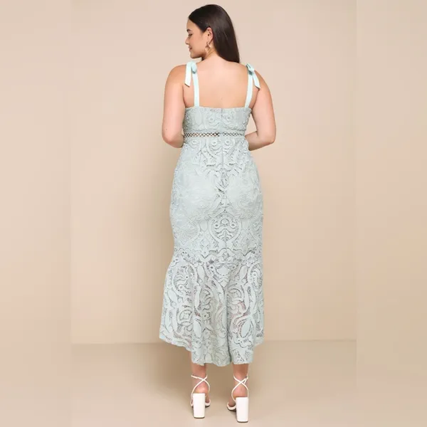 LULU’S Won Your Heart Sage Green Lace Tie-Strap High-Low Midi Dress - Image 7