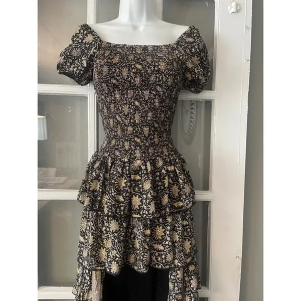 Muche et Muchette Black Gold Floral Smocked High-Low Tiered Ruffle Maxi Dress‎ - Image 3