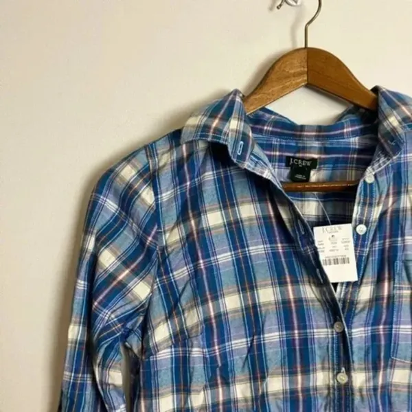 J. Crew NWT Blue White Plaid Preppy Flannel Perfect Popover Shirt - Image 4