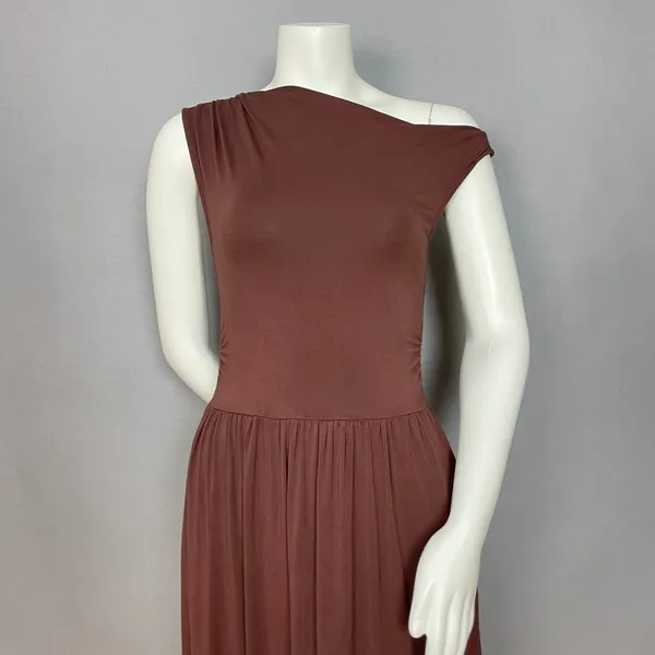 Zesica Dress Off One Shoulder Dropped Waist Brown Clingy Fitted Small Sleeveless - Image 6