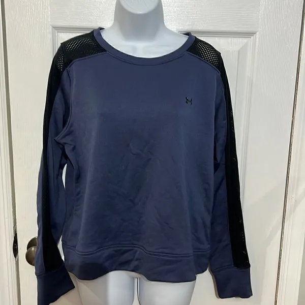 Under Armour Mesh Panel Sweatshirt Womens Blue‎ Black Crewneck Loose Fit Large - Image 3