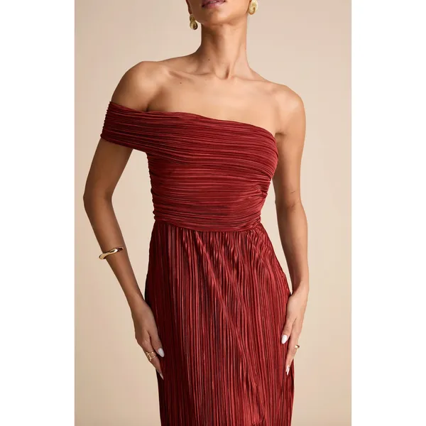 Lulus Poised Performance Rust Red Plisse One-Shoulder Maxi Dress Formal S NWT - Image 3