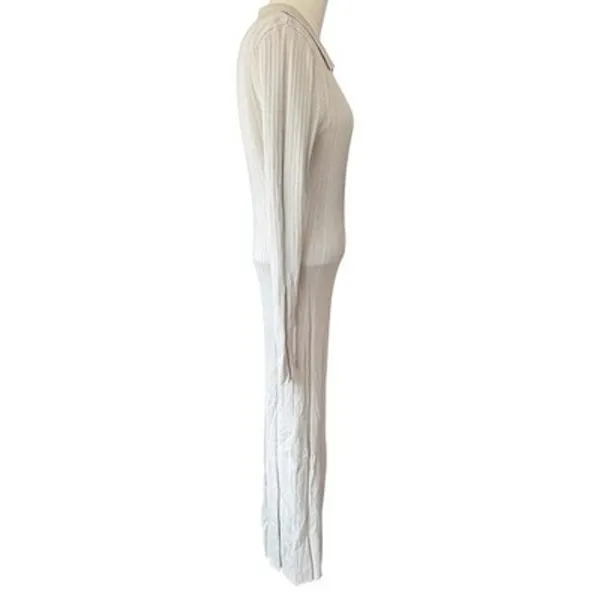H&M NWT Rib Knit Dress Women's M Beige Tan V Neck Collared Bodycon Midi - Image 4
