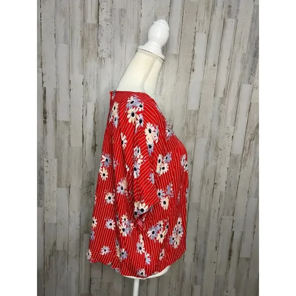 Madewell Women's Large Floral‎ Cropped Blouse Red V-Neck Short Sleeve - Image 2