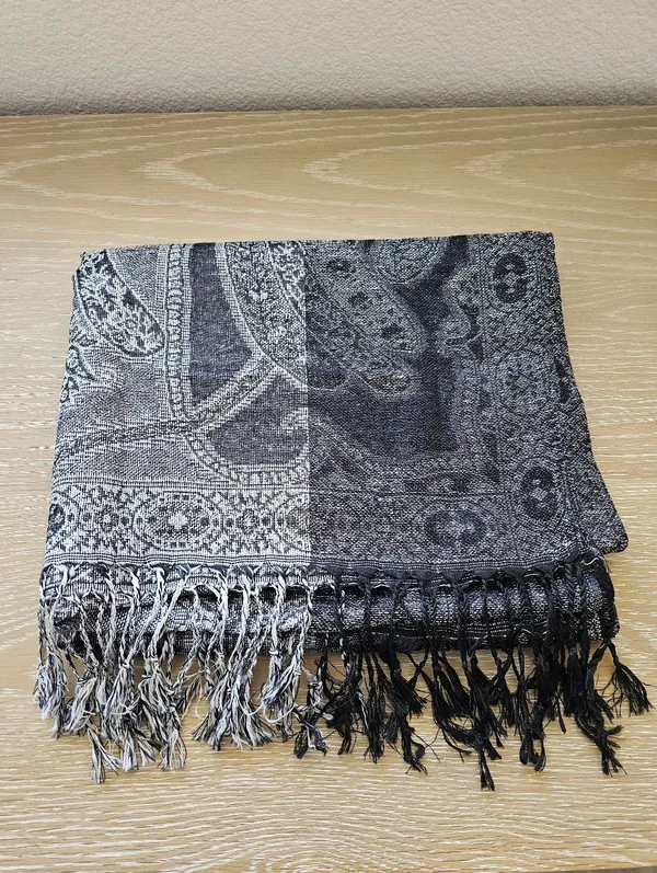 Vintage Intricate Paisley Pashmina Shawl – Metallic Silver & Black Large Wrap​ - Image 4
