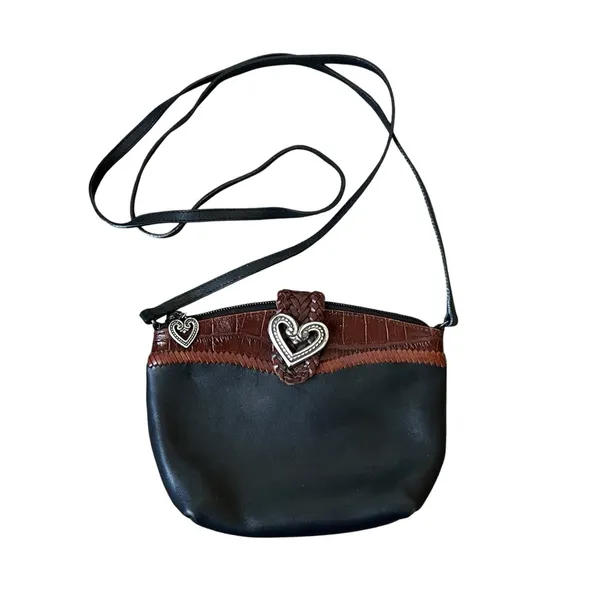 Brighton Vintage Crossbody Bag Black Leather Brown Croc Embossed Heart Accent - Image 2