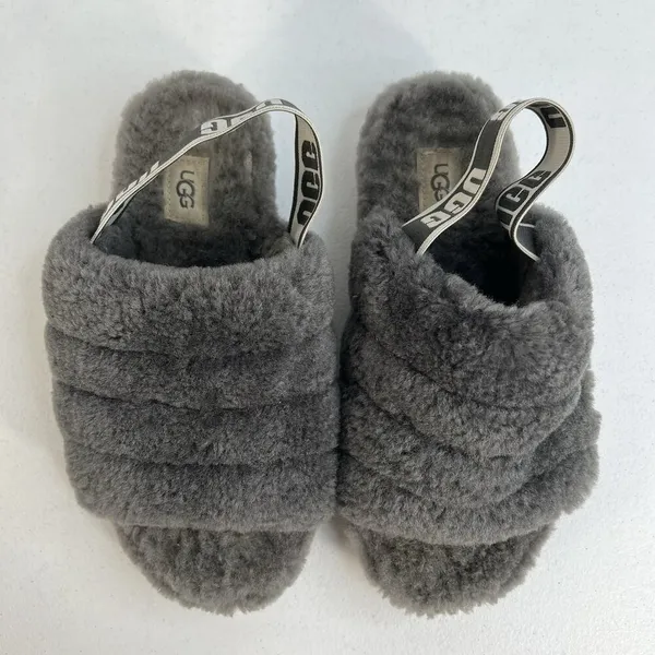 Ugg Sz 7 Oh Yeah Fluffy Double Strap Flat Slippers‎ Slides Sandals in Grey - Image 6