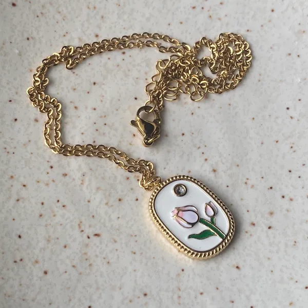 Handmade gold tone stainless steel cute chic tulip necklace🌷🩷 - Image 7
