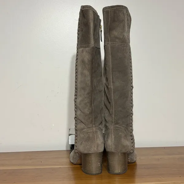 Franco Sarto Kearny Taupe Suede Tall Braided Block Heel Boots Womens Size 8M - Image 6