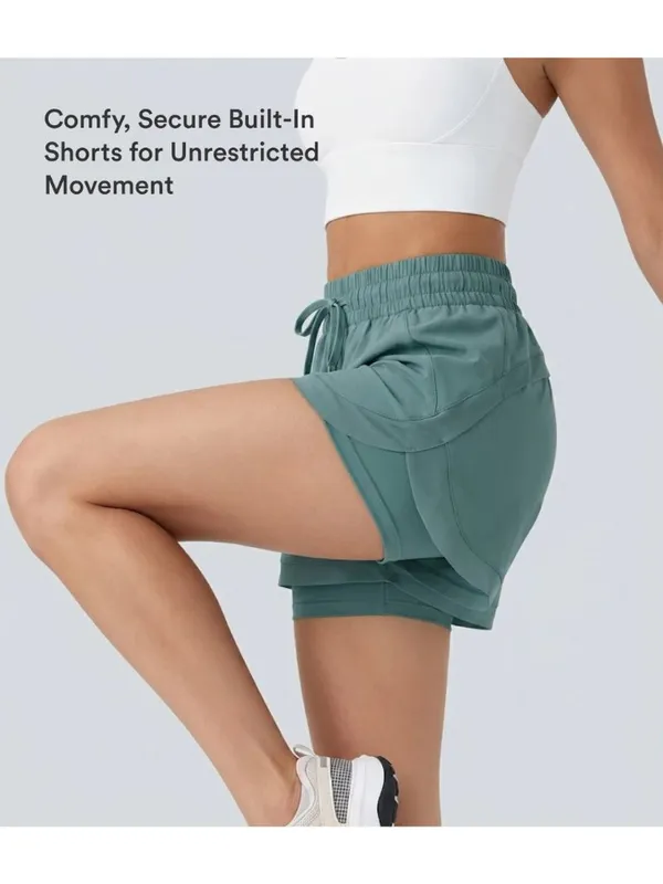 Halara Mid Rise Drawstring Contrast Mesh 2-in-1 Flowy Running Shorts 3'' Green S - Image 3
