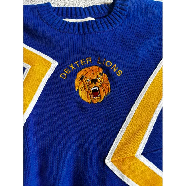 Vintage 80s Dehen 1920 Varsity Sweater Small Blue Yellow Dexter Lions Cheer Wool - Image 4