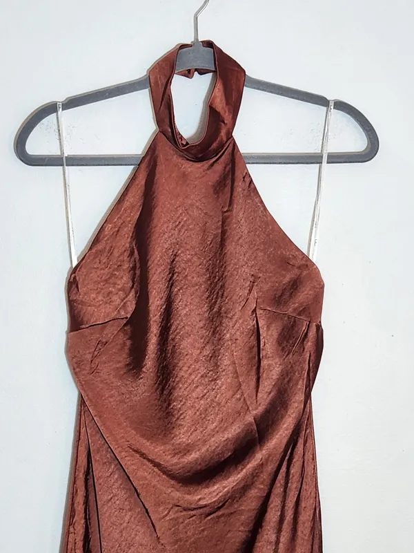 Lulus Brown Satin Halter Maxi Dress Size Small NWT Wedding Guest Dress - Image 5