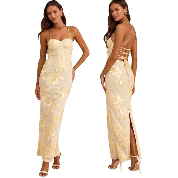 Lulus Nantessa Light Yellow Floral Applique Lace-Up Maxi Dress size XS NWT - Image 2