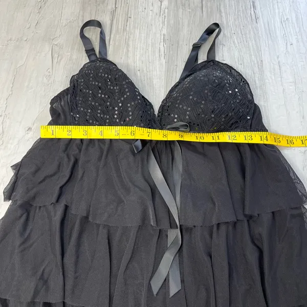 Enchanted Black Ruffle Sequin Baby Doll Lingerie Matching Thong Medium - Image 8