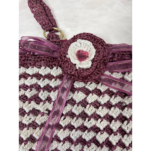 Vintage Handmade Purple White‎ Crochet Nylon Tote Bag Floral Heart Detail Boho - Image 2