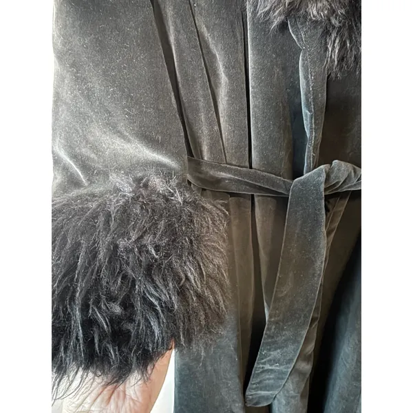 VTG Raincheetahs Black Velvet Faux Fur Long Opera Coat Belted Sz 12‎ Penny Lane - Image 3