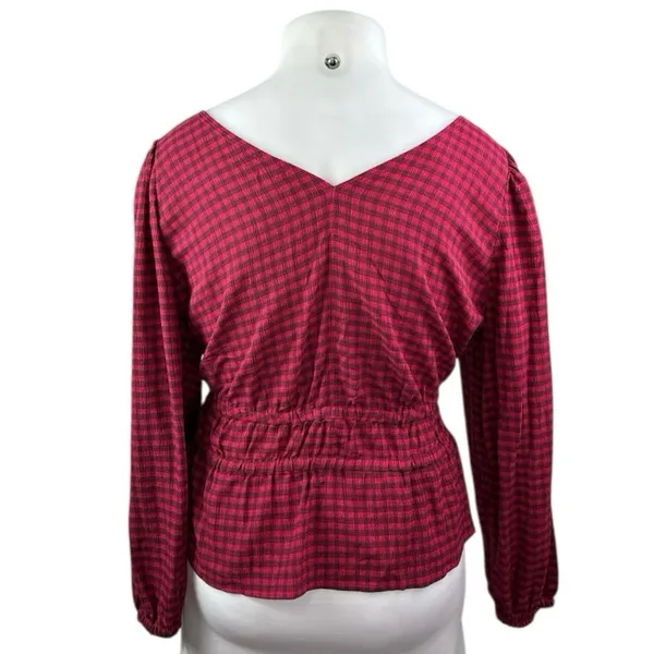 Madewell Red Long Sleeve Plaid Crinkle V Neck Tie Peplum Blouse Top Size XL - Image 2