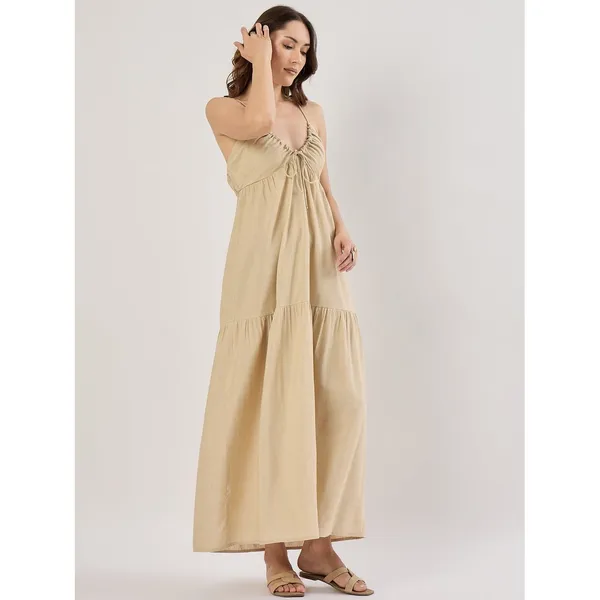 SIM & SAM Tan Linen Blend Tiered Maxi‎ Sundress Tie Front Spaghetti Straps Small - Image 4