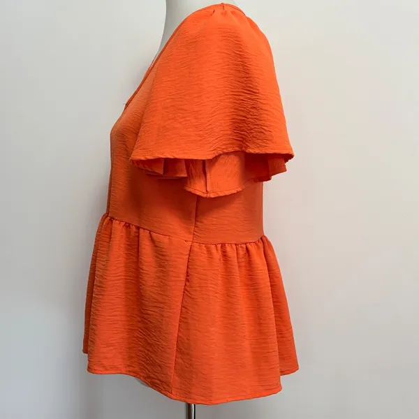 Entro Peplum Top Small Orange V-Neck Flutter Sleeve Textured Ruffle Blouse - Image 3