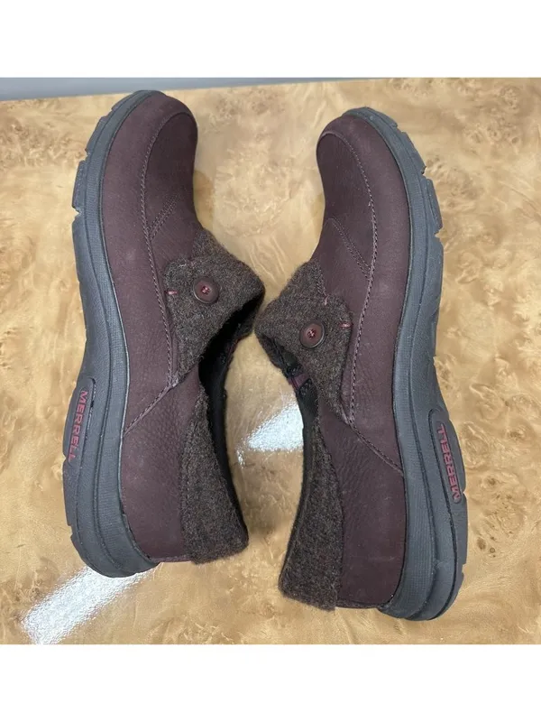 Merrell Andorra Womens 8.5 Burgundy Leather Wool Slip On Walking Shoes - Image 4