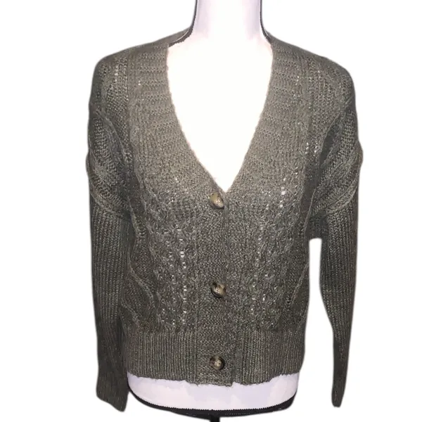 NWT Hooked Up by IOT Juniors Cable-Knit Button-Front Sweater Green - Image 2