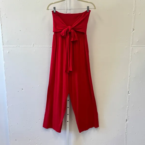 Venus Red Strapless Smocked Tie Front Wide Leg Jumpsuit Small Pockets Soft - Image 2