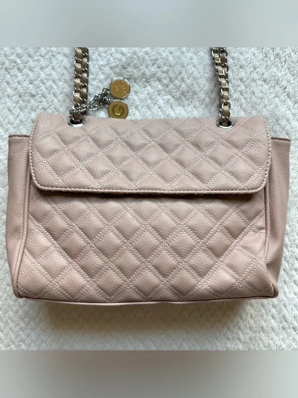 G by Guess Quilted Flap Shoulder Bag Blush Pink Leopard Lining Chain Strap Charm - Image 3