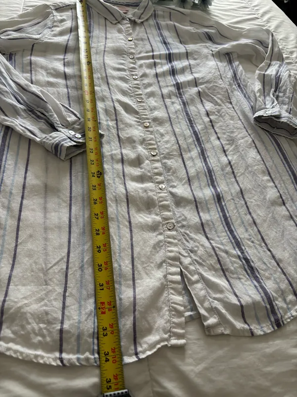St Tropez West Womens L 100% Linen Striped Tunic Shirt Blue White Beach Vacation - Image 5