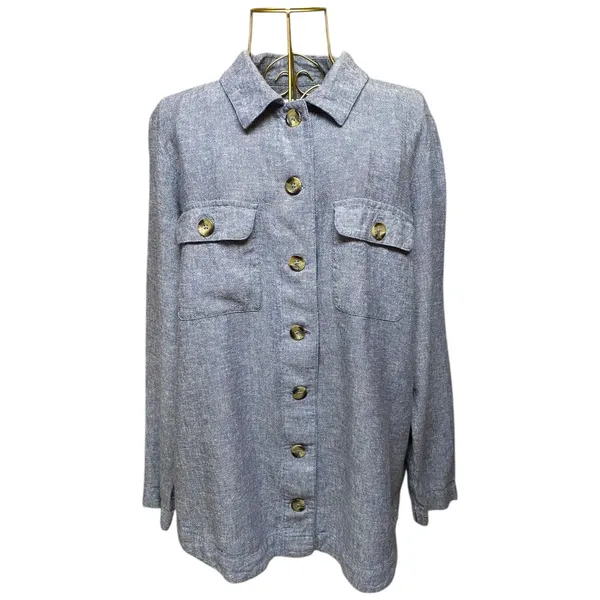 Centigrade Button Front Linen Blend Shacket Shirttail Hem Indigo Blue M NO BELT - Image 3