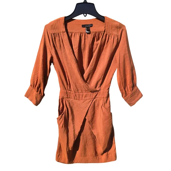 Mango Suit 34Y Burnt Orange Linen Blend V-Neck Mini Dress 3/4 Sleeve‎ Size 4 - Image 2
