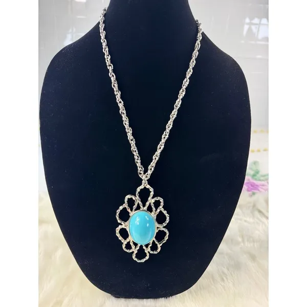 Silver vtg Tone Turquoise Oval Pendant‎ Statement Necklace Women Fashion Jewelry - Image 2