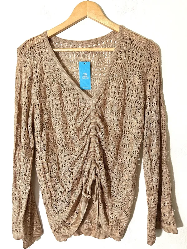 CUPSHE Open knit Beige Drawstring Crochet Beach Cover-Up Womens Top Sz Small - Image 2
