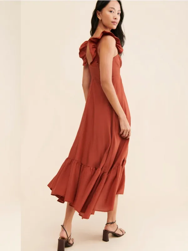Farm Rio Ruffle-Sleeve Rust Midi Dress - Image 3