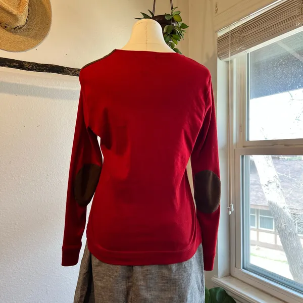 Ralph Lauren Red 100% Cotton Long Sleeve Leather Elbow Patch Top Size Medium - Image 5