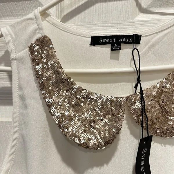 NWT Sweet Rain Womens White Sleeveless Sequin Peter Pan Collar High Low‎ Top L - Image 2