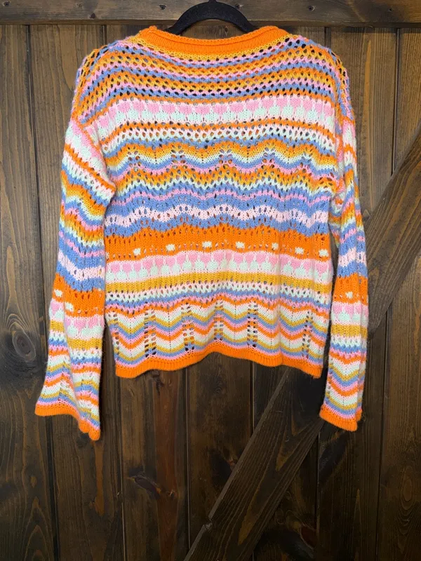 Multicolor‎ Open-Knit Crewneck Sweater in Orange Accent - Image 2