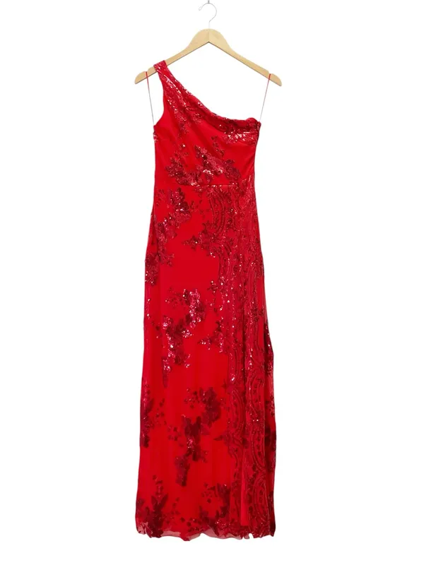NWT Southern Fried Chics Gown Medium Red Sequin Floral One Shoulder Maxi Dress - Image 2
