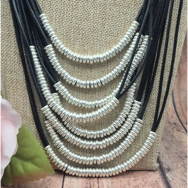 Black & Silver Tone Multi Cord Strand Statement Necklace 24" Long Collar - Image 3
