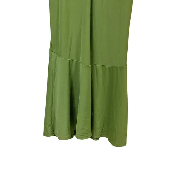 Olive Green Mock Neck Ruched Side Tie Midi Dress Sleeveless Mermaid Hem - Image 8
