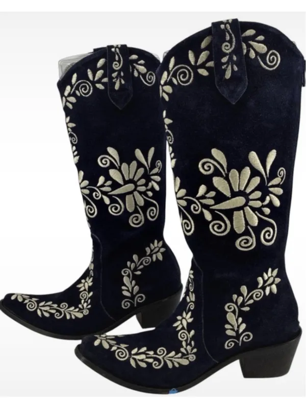 Women's Agave Sky Western Heeled Boots Navy White Embroidered Size 7 Boho Glam - Image 3