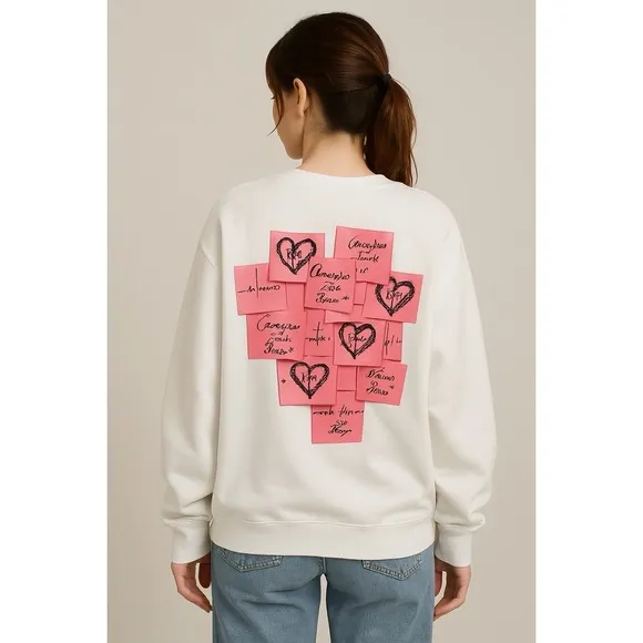 Women's White Sweatshirt with Heart Sticker Print Graphic, XS, Long Sleeve New‎ - Image 2